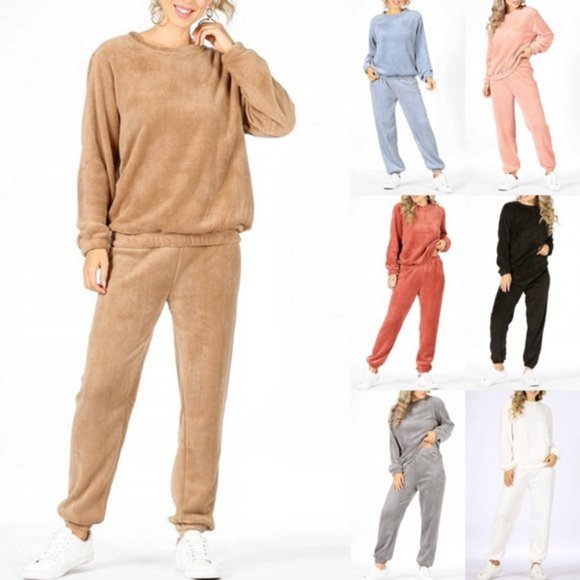 NEW Super Soft Cozy Teddy Fuzzy Fleece Lounge Wear Sweatshirt Jogger Pant Set - Picture 4 of 8